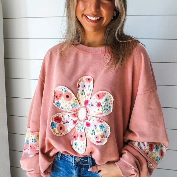 B291 Peach Blossom Flower Applique Patchwork Drop Sleeve Pullover Sweatshirt - Picture 3 of 4